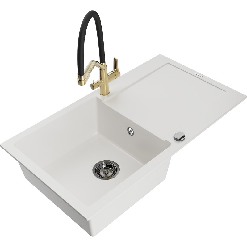 Mexen Leo 1-bowl granite sink with drainer and Duo kitchen faucet, white - 6501-20-671701-57-B