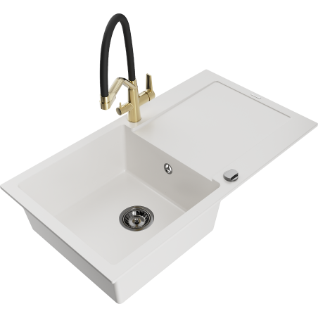 Mexen Leo 1-bowl granite sink with drainer and Duo kitchen faucet, white - 6501-20-671701-57-B