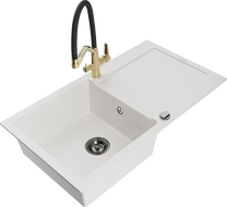 Mexen Leo 1-bowl granite sink with drainer and Duo kitchen faucet, white - 6501-20-671701-57-B