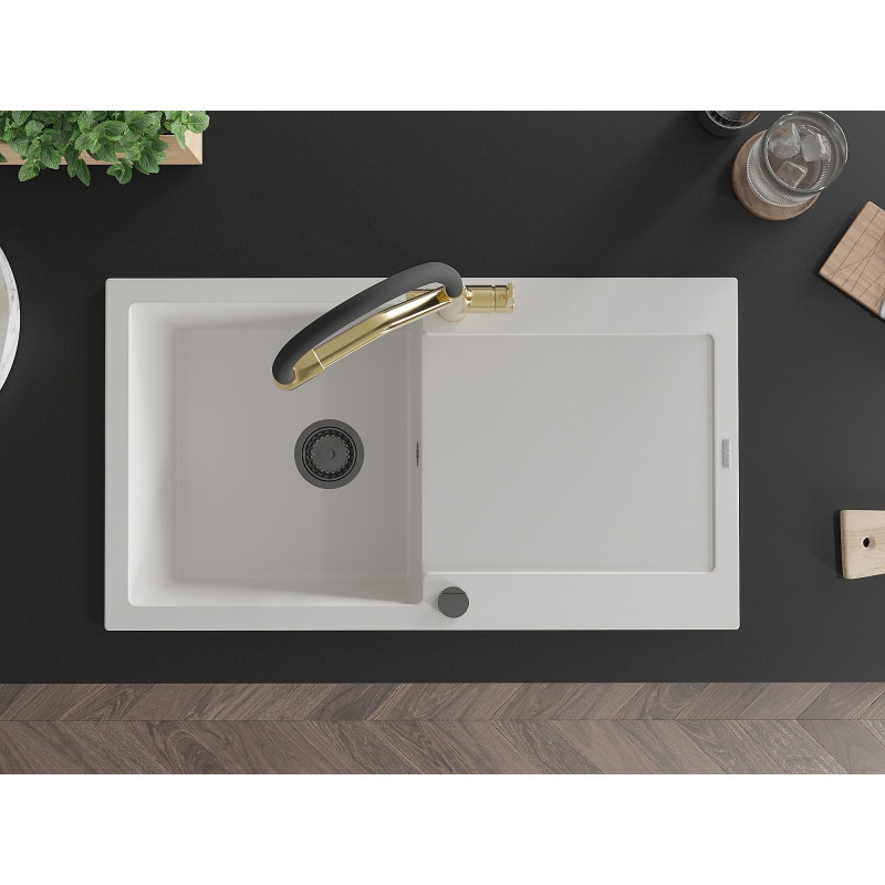Mexen Leo granite sink 1-bowl with drainer and Duo kitchen faucet, white - 6501-20-671701-57-B