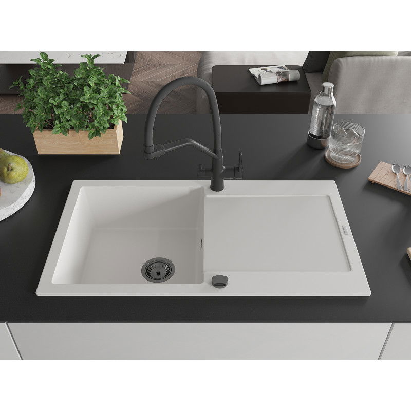 Mexen Leo granite sink 1-bowl with drainer and Duo kitchen tap, white - 6501-20-671701-70-B