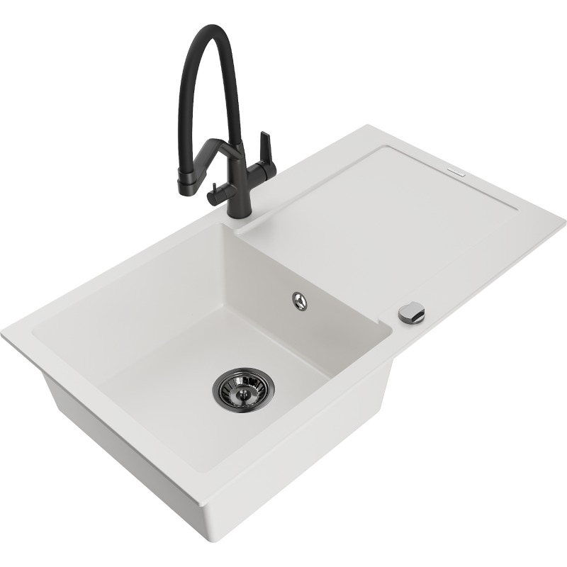 Mexen Leo 1-compartment granite sink with a drip tray and kitchen mixer tap Duo, White - 6501-20-671701-70-B