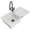 Mexen Leo 1-bowl granite sink with drainer and Duo kitchen faucet, white - 6501-20-671701-70-B