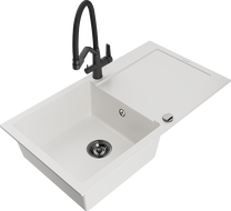 Mexen Leo 1-bowl granite sink with drainer and Duo kitchen faucet, white - 6501-20-671701-70-B