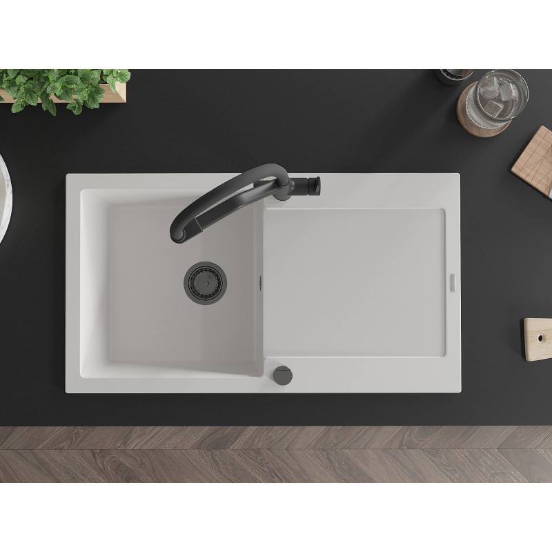 Mexen Leo 1-bowl granite sink with drainer and Duo kitchen faucet, white - 6501-20-671701-70-B