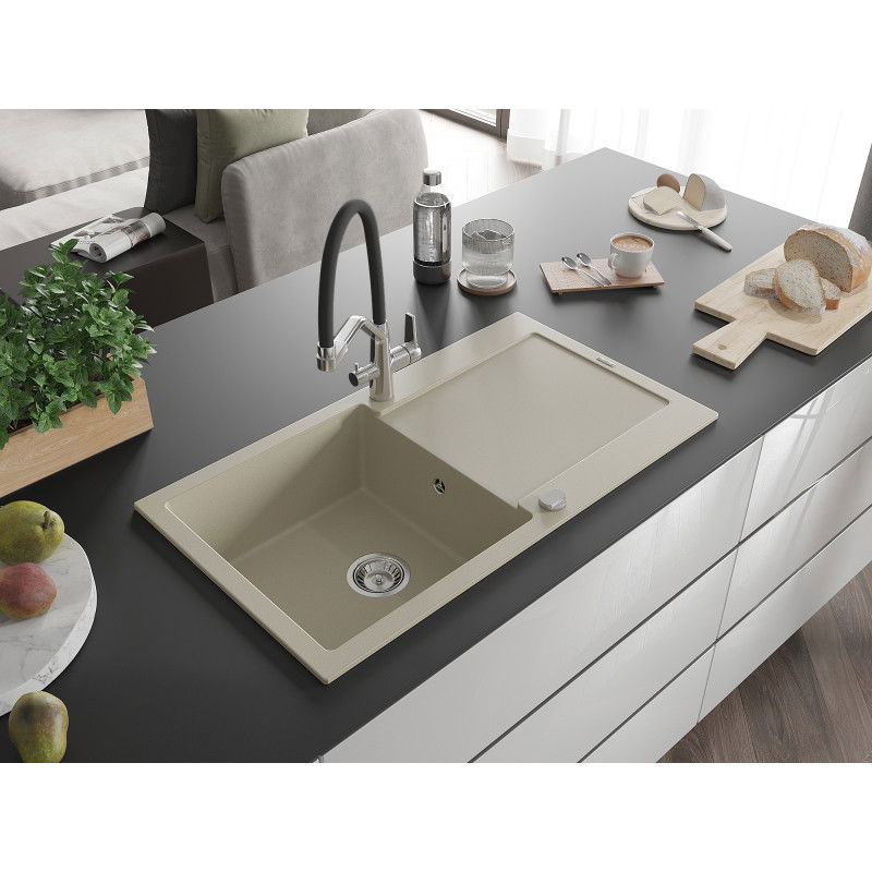 Mexen Leo granite sink 1-bowl with drainer and Duo kitchen tap, beige - 6501-69-671701-07