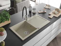 Mexen Leo granite kitchen sink 1-bowl with drainer and Duo kitchen faucet, beige - 6501-69-671701-07