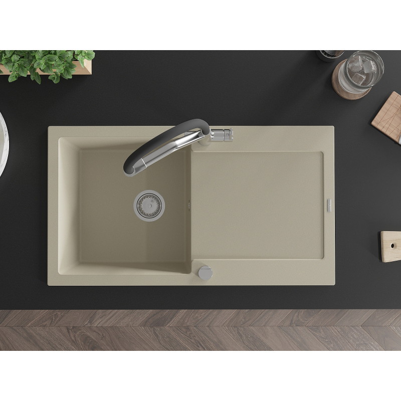 Mexen Leo granite kitchen sink 1-bowl with drainer and Duo kitchen faucet, beige - 6501-69-671701-07
