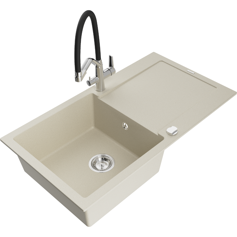Mexen Leo granite sink 1-bowl with drainer and Duo kitchen tap, beige - 6501-69-671701-07