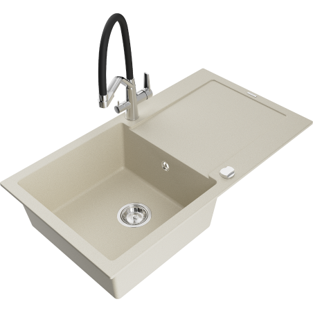 Mexen Leo granite kitchen sink 1-bowl with drainer and Duo kitchen faucet, beige - 6501-69-671701-07