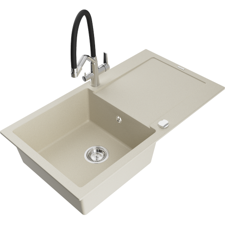 Mexen Leo granite sink 1-bowl with drainer and Duo kitchen tap, beige - 6501-69-671701-07
