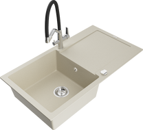 Mexen Leo granite kitchen sink 1-bowl with drainer and Duo kitchen faucet, beige - 6501-69-671701-07