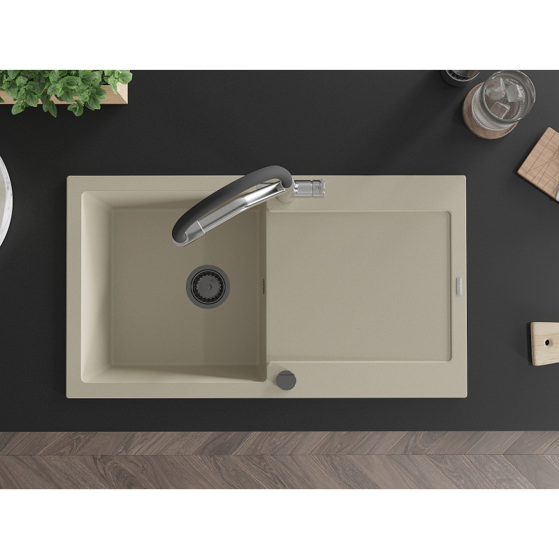 Mexen Leo granite kitchen sink 1-bowl with drainer and Duo kitchen faucet, beige - 6501-69-671701-07-B