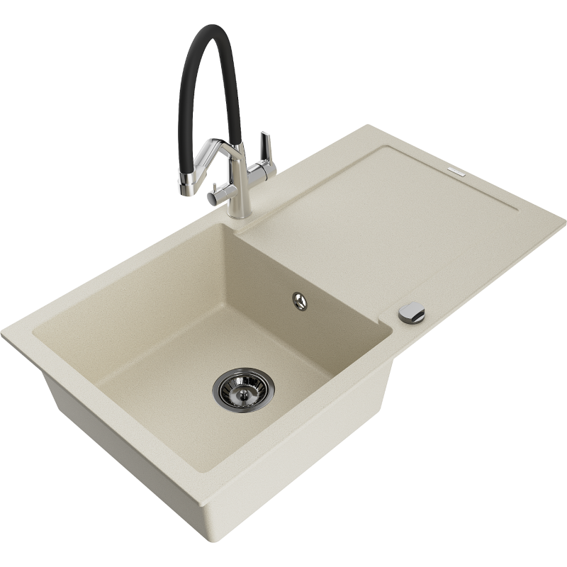 Mexen Leo 1-bowl granite sink with drainer and kitchen tap Duo, beige - 6501-69-671701-07-B