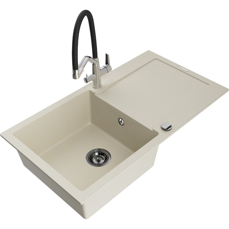Mexen Leo granite sink 1-chamber with drainer and kitchen faucet Duo, beige - 6501-69-671701-07-B