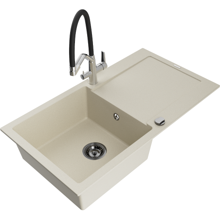 Mexen Leo 1-bowl granite sink with drainer and kitchen tap Duo, beige - 6501-69-671701-07-B