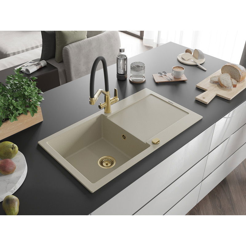Mexen Leo 1-Bowl Granite Sink with Drainer and Duo Kitchen Tap, Beige - 6501-69-671701-57-G