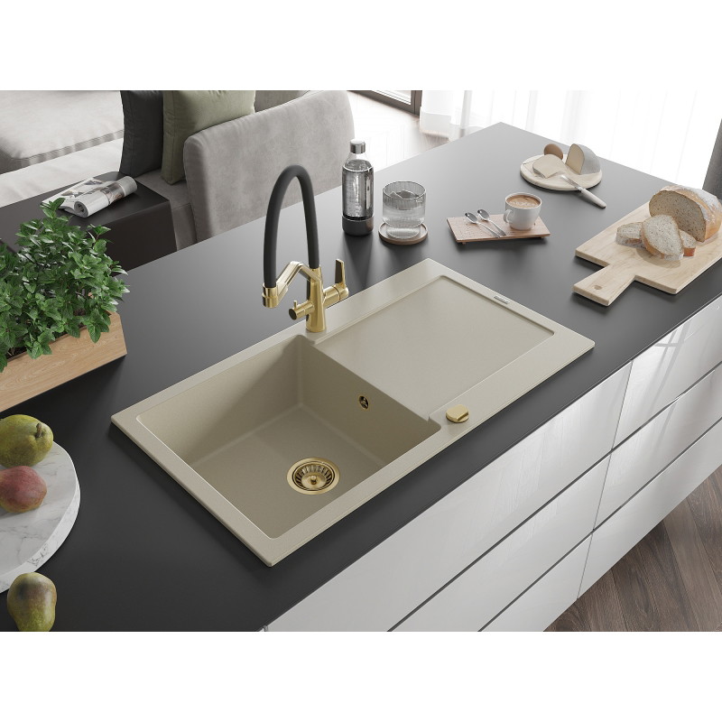 Mexen Leo single-bowl granite sink with drainer and Duo kitchen faucet, beige - 6501-69-671701-57-G