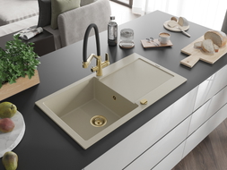 Mexen Leo 1-bowl granite sink with drainer and Duo kitchen faucet, beige - 6501-69-671701-57-G