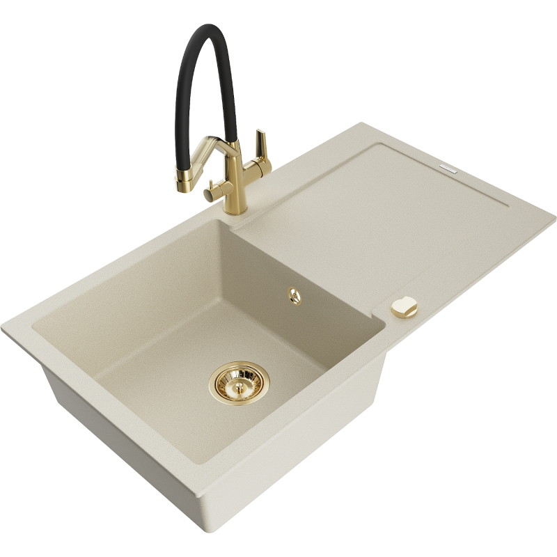 Mexen Leo 1-bowl granite sink with drainer and Duo kitchen faucet, beige - 6501-69-671701-57-G