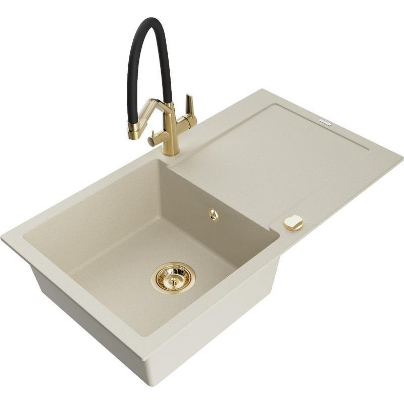 Mexen Leo 1-compartment granite sink with a drip tray and kitchen mixer tap Duo, Beige - 6501-69-671701-57-G