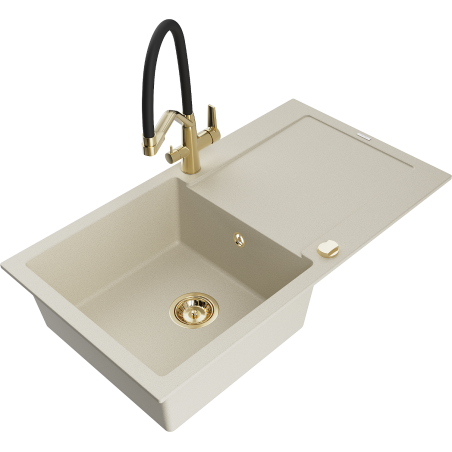 Mexen Leo 1-Bowl Granite Sink with Drainer and Duo Kitchen Tap, Beige - 6501-69-671701-57-G