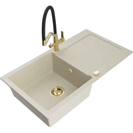 Mexen Leo 1-compartment granite sink with a drip tray and kitchen mixer tap Duo, Beige - 6501-69-671701-57-G