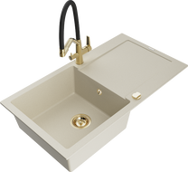 Mexen Leo 1-bowl granite sink with drainer and Duo kitchen faucet, beige - 6501-69-671701-57-G