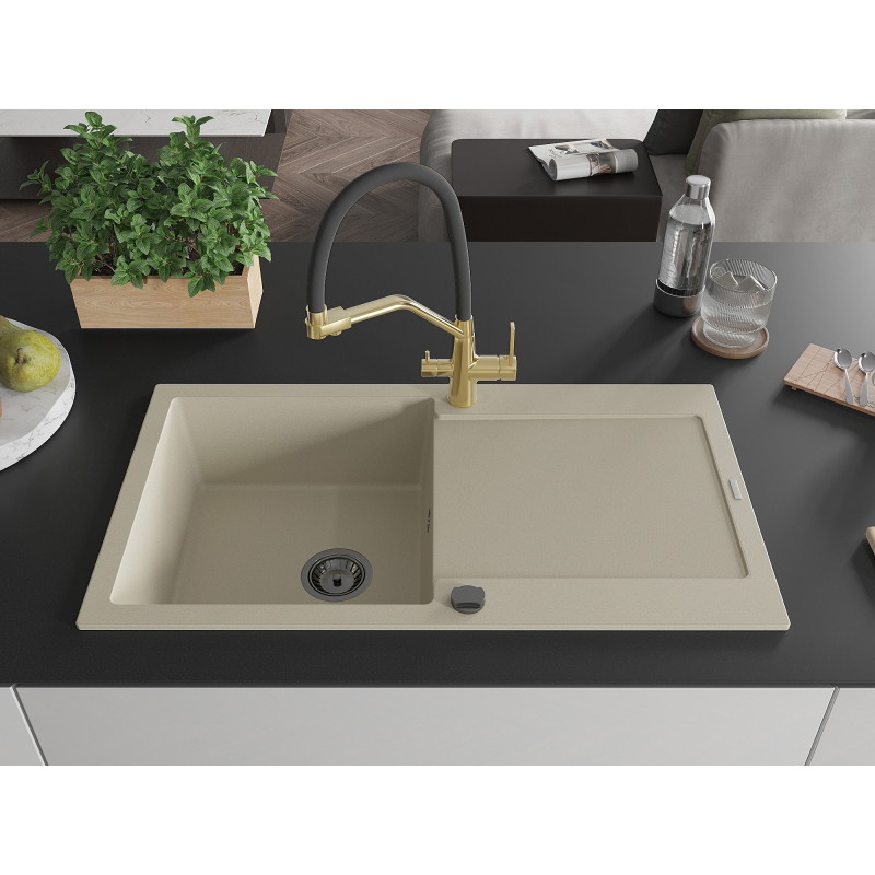 Mexen Leo granite kitchen sink 1-bowl with drainer and Duo kitchen faucet, beige - 6501-69-671701-57-B