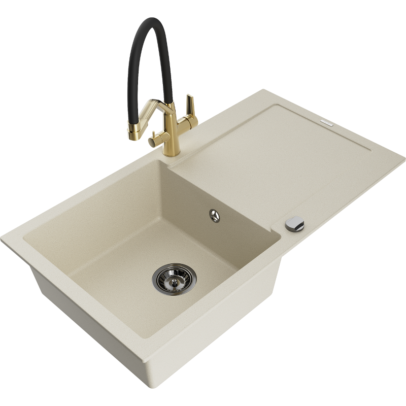 Mexen Leo 1-compartment granite sink with a drip tray and kitchen mixer tap Duo, Beige - 6501-69-671701-57-B