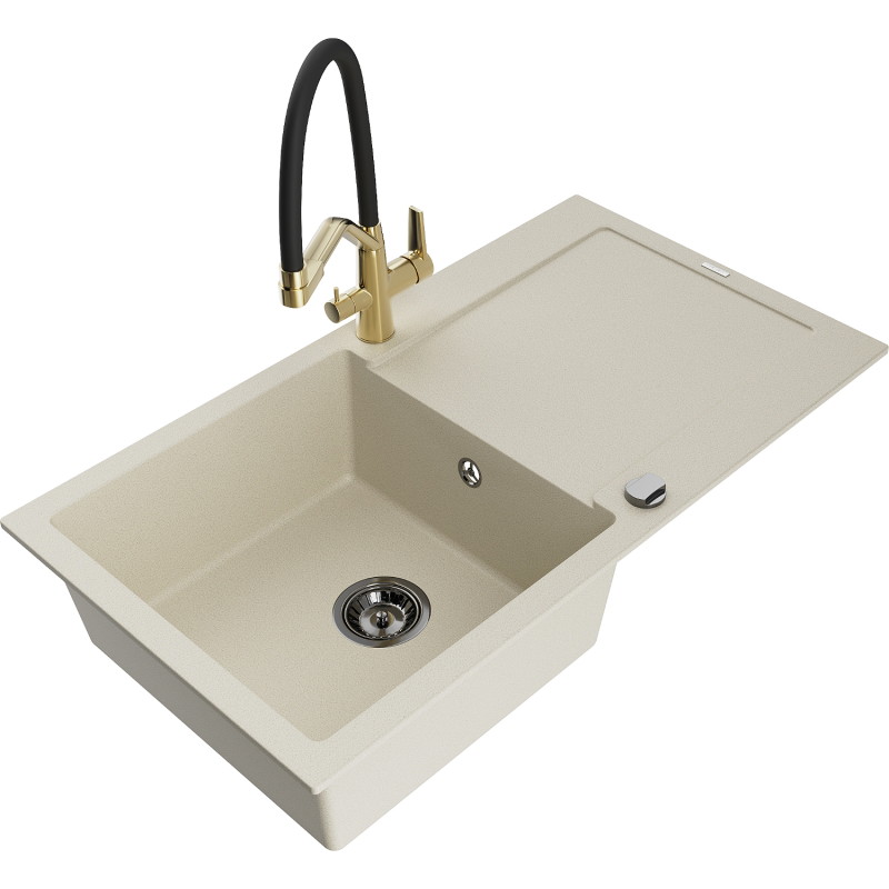 Mexen Leo granite sink 1-bowl with drainer and Duo kitchen faucet, beige - 6501-69-671701-57-B