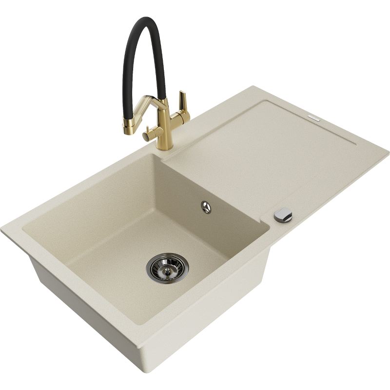 Mexen Leo granite sink 1-bowl with drainer and Duo kitchen tap, beige - 6501-69-671701-57-B