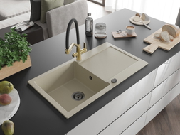 Mexen Leo granite kitchen sink 1-bowl with drainer and Duo kitchen faucet, beige - 6501-69-671701-57-B