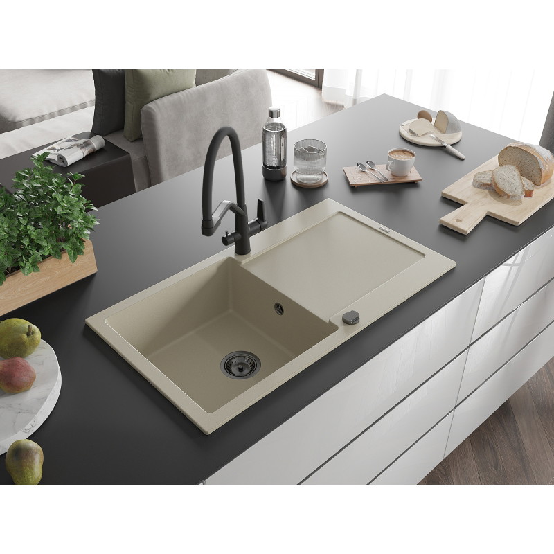 Mexen Leo granite kitchen sink 1-bowl with drainer and kitchen faucet Duo, beige - 6501-69-671701-70-B