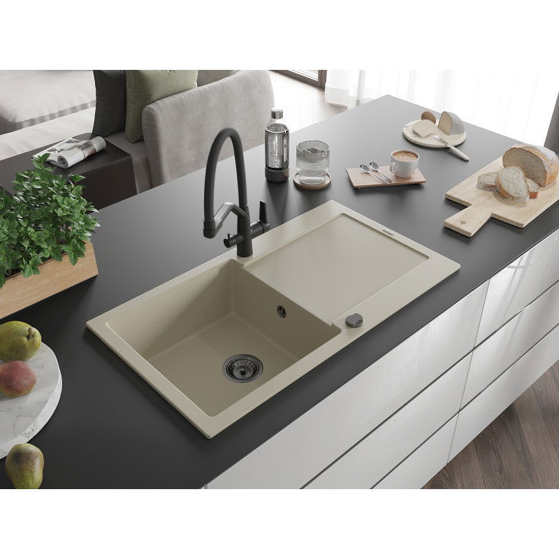 Mexen Leo granite sink 1-bowl with drainer and Duo kitchen tap, beige - 6501-69-671701-70-B