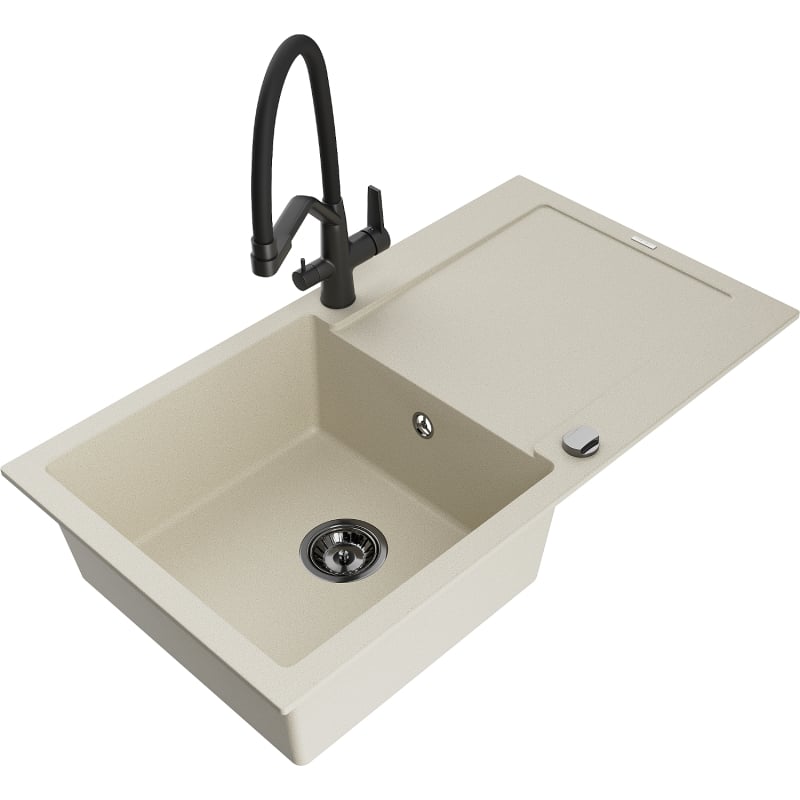 Mexen Leo 1-bowl granite sink with drainer and Duo kitchen faucet, beige - 6501-69-671701-70-B