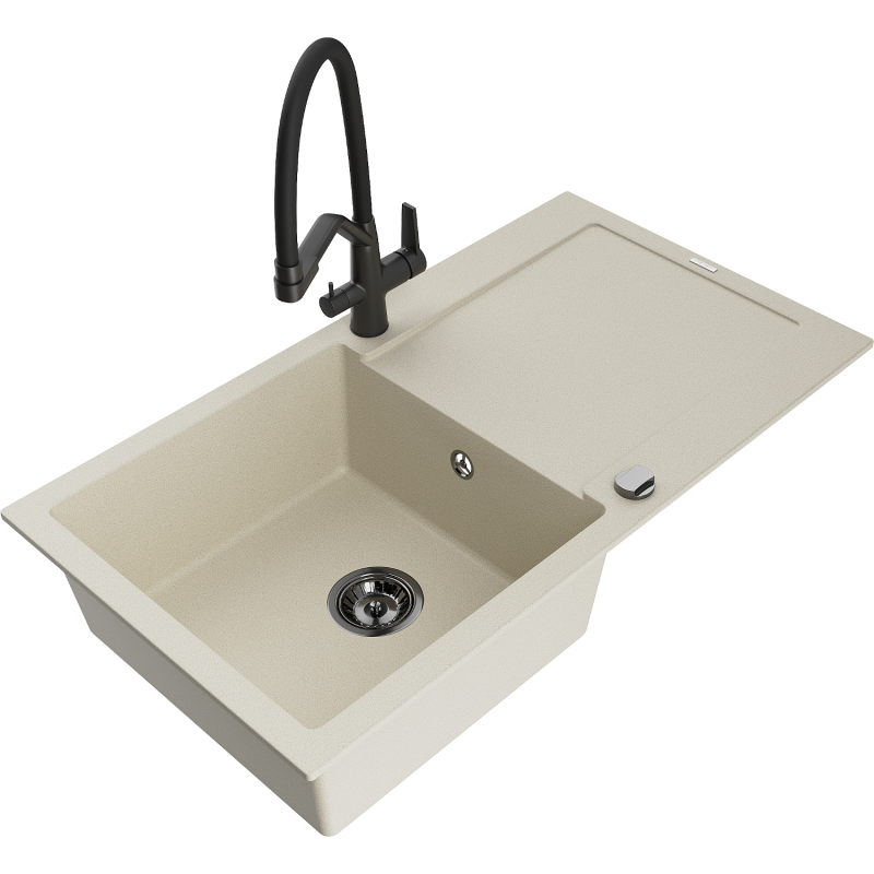 Mexen Leo 1-compartment granite sink with a drip tray and kitchen mixer tap Duo, Beige - 6501-69-671701-70-B
