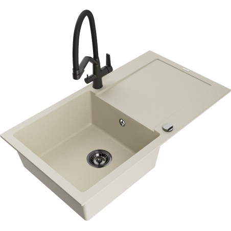 Mexen Leo 1-bowl granite sink with drainer and Duo kitchen faucet, beige - 6501-69-671701-70-B
