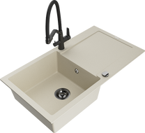 Mexen Leo granite sink 1-bowl with drainer and Duo kitchen tap, beige - 6501-69-671701-70-B