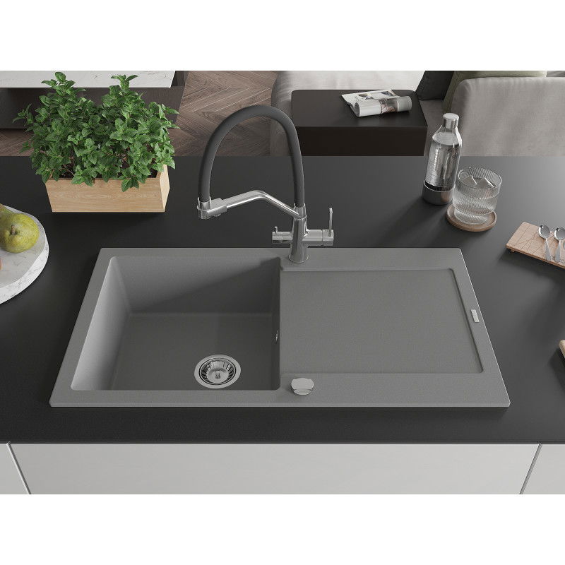 Mexen Leo 1-bowl granite kitchen sink with drainer and Duo kitchen tap, grey - 6501-71-671701-07