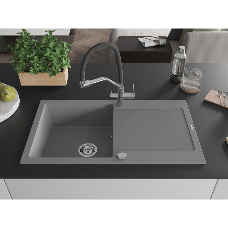 Mexen Leo 1-Bowl Granite Sink with Drainer and Duo Kitchen Faucet, Gray - 6501-71-671701-07