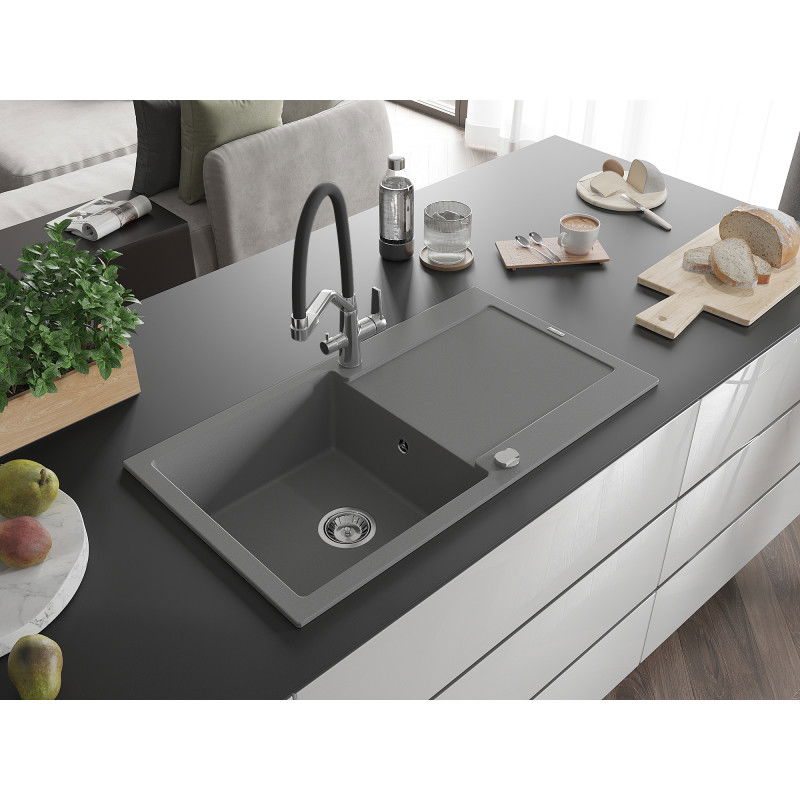 Mexen Leo 1-bowl granite kitchen sink with drainer and Duo kitchen tap, grey - 6501-71-671701-07