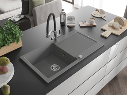 Mexen Leo 1-Bowl Granite Sink with Drainer and Duo Kitchen Faucet, Gray - 6501-71-671701-07