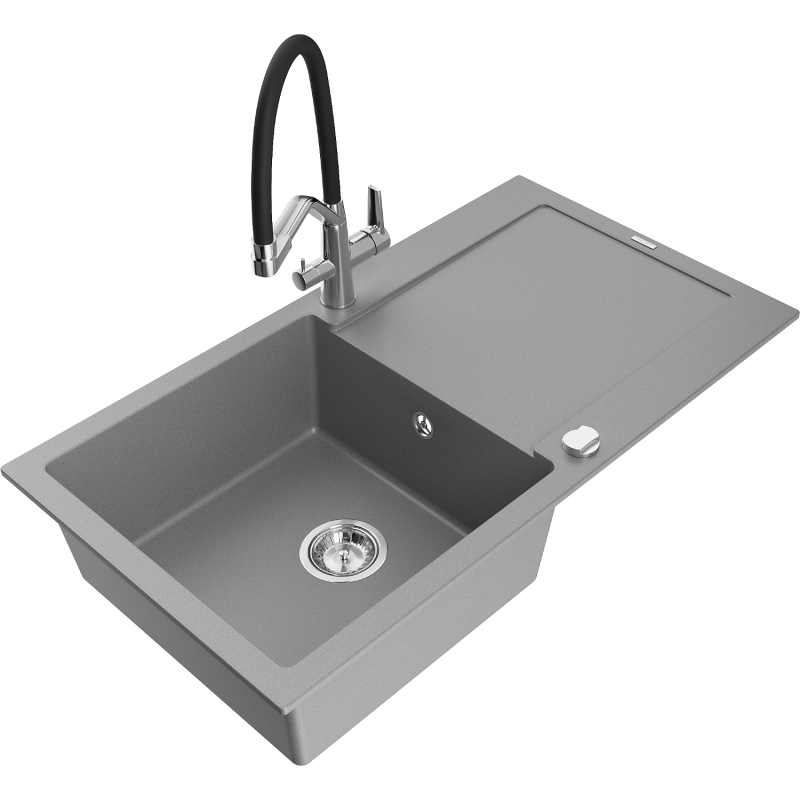 Mexen Leo 1-bowl granite kitchen sink with drainer and Duo kitchen tap, grey - 6501-71-671701-07