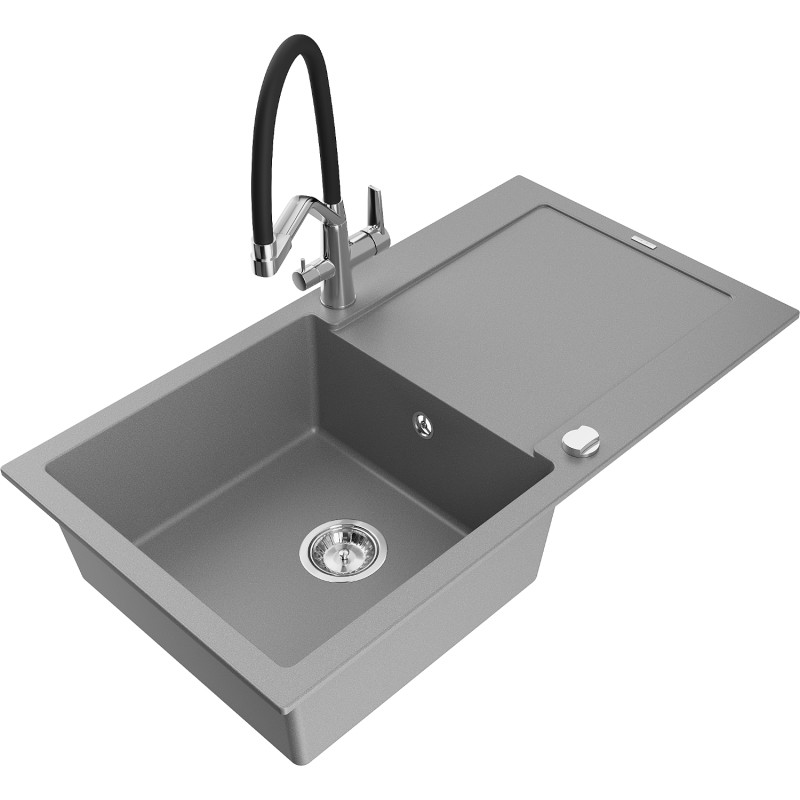 Mexen Leo 1-Bowl Granite Sink with Drainer and Duo Kitchen Faucet, Gray - 6501-71-671701-07