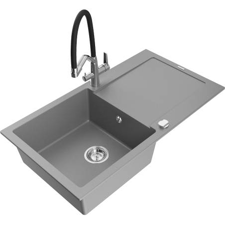 Mexen Leo 1-bowl granite kitchen sink with drainer and Duo kitchen tap, grey - 6501-71-671701-07