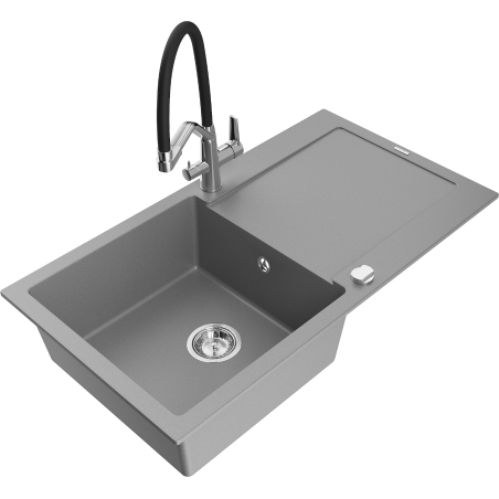 Mexen Leo 1-Bowl Granite Sink with Drainer and Duo Kitchen Faucet, Gray - 6501-71-671701-07