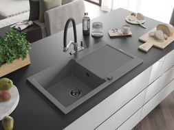 Mexen Leo 1-bowl granite sink with drainer and Duo kitchen faucet, gray - 6501-71-671701-07-B
