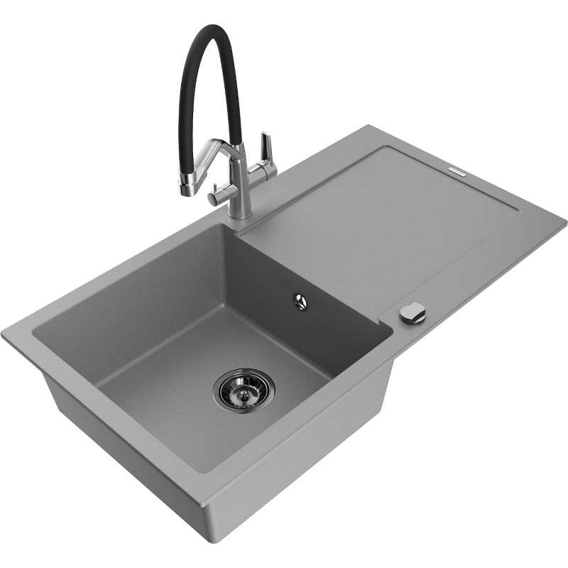 Mexen Leo 1-bowl granite sink with drainer and Duo kitchen faucet, gray - 6501-71-671701-07-B