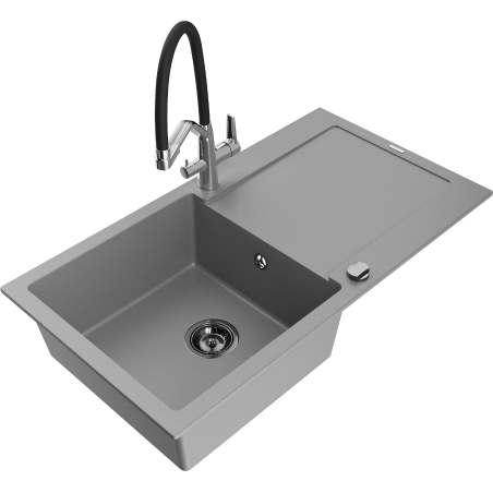 Mexen Leo 1-bowl granite sink with drainer and Duo kitchen faucet, gray - 6501-71-671701-07-B